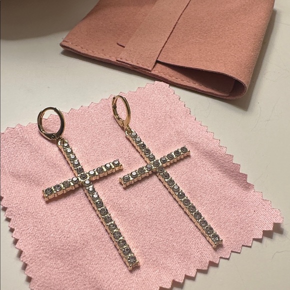 Gold and Rhinestone Cross Earrings - Picture 3 of 16
